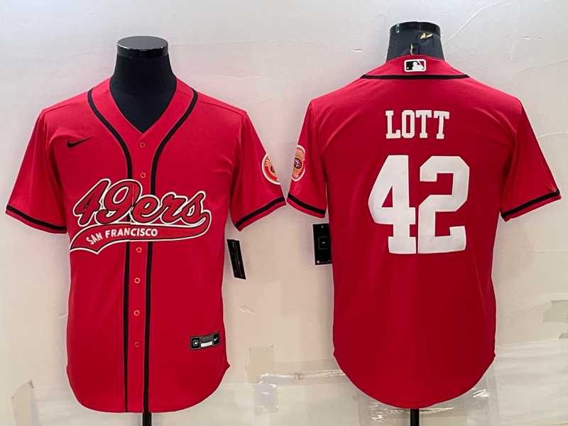 Mens San Francisco 49ers #42 Ronnie Lott Red With Patch Cool Base Stitched Baseball Jersey